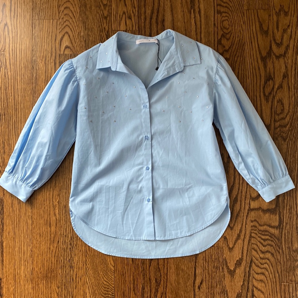 Zara - Blue Poplin Shirt with Gem Detail - Tag says size 10; fits like a 6!